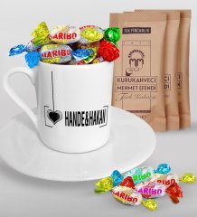 Kişiye Özel Sevgililer Günü Türk Kahvesi Fincanı Mehmet Efendi Kahve ve Haribo Şeker Hediye Seti-126