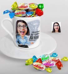 Kişiye Özel Bayan Nihayetinde Karikatürlü Türk Kahvesi Fincanı ve Haribo Şeker Hediye Seti-2
