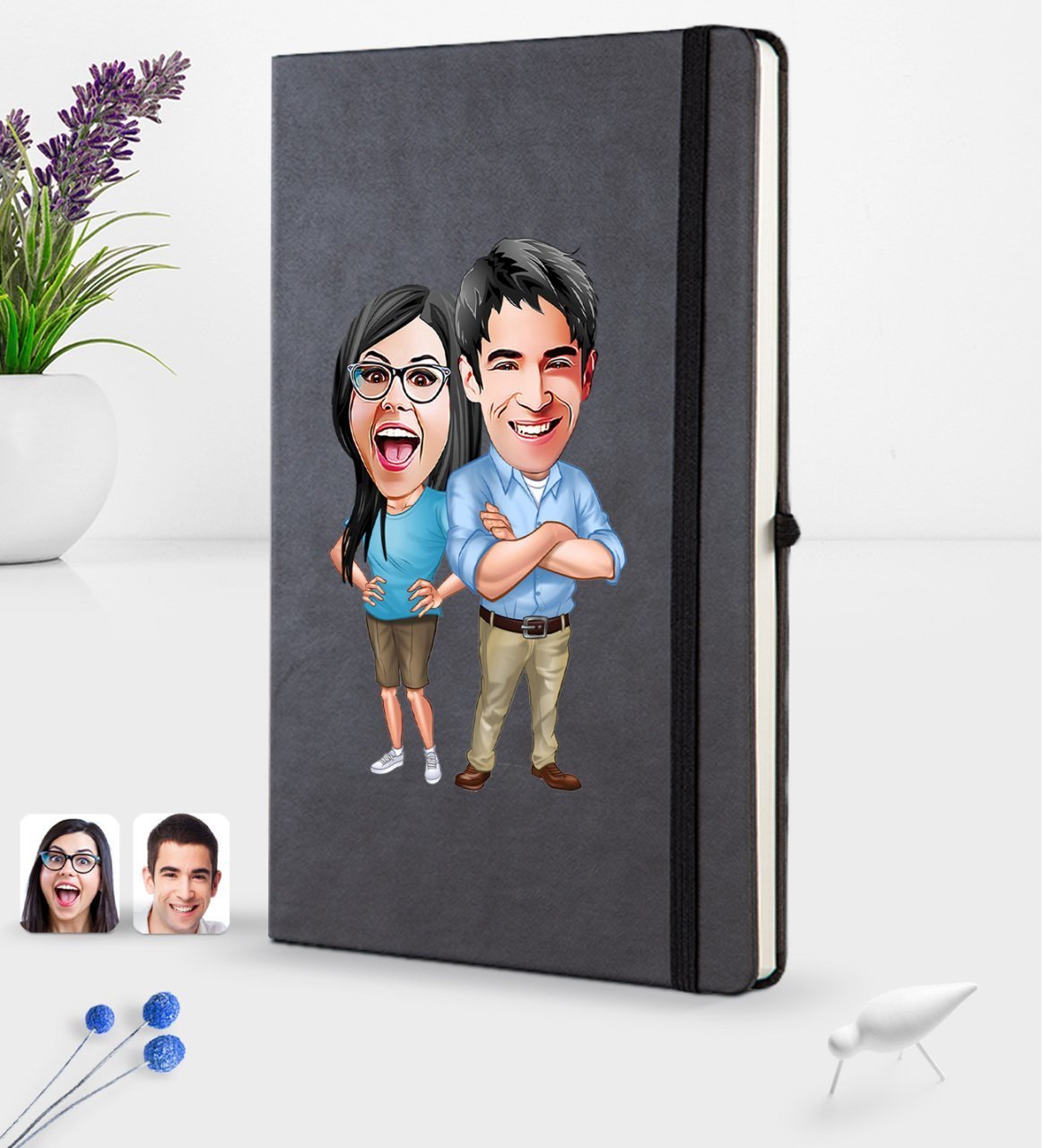 Kişiye Özel Sevgililer Karikatürlü Siyah Termo Deri Defter 16x24cm Model 101