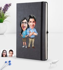 Kişiye Özel Sevgililer Karikatürlü Siyah Termo Deri Defter 16x24cm Model 101