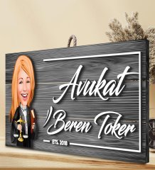 BK Gift Kişiye Özel Avukat Karikatürlü Gri Dekoratif Ahşap Tabela-2