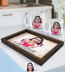 Kişiye Özel O Bir Melek Karikatürlü Doğal Ahşap Tepsi ve 2’li Kupa Bardak Seti-1