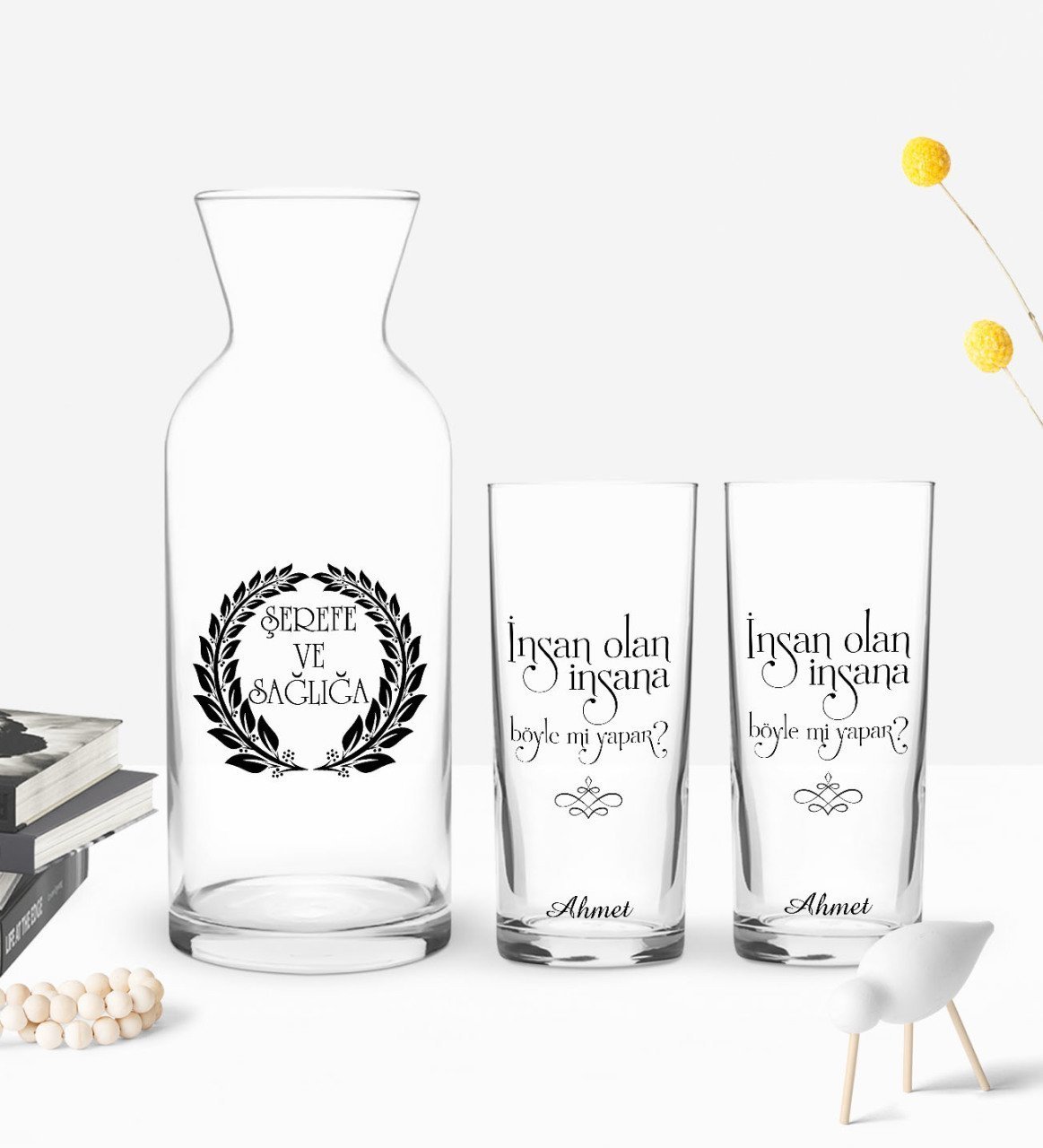 Kişiye Özel Renkli Baskılı İnsan Olan Tasarımlı İkili Rakı Bardağı ve Karaf Hediye Seti-1
