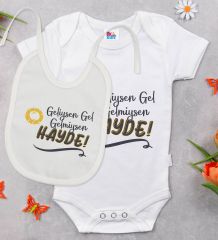 BK Kids Geliysen Gel Tasarımlı Beyaz Bebek Body Zıbın ve Mama Önlüğü Hediye Seti-1