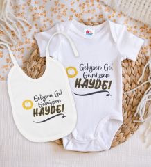 BK Kids Geliysen Gel Tasarımlı Beyaz Bebek Body Zıbın ve Mama Önlüğü Hediye Seti-1