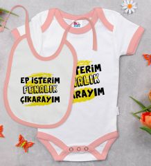 BK Kids Ep İsterim Tasarımlı Pembe Bebek Body Zıbın ve Mama Önlüğü Hediye Seti-6