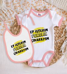 BK Kids Ep İsterim Tasarımlı Pembe Bebek Body Zıbın ve Mama Önlüğü Hediye Seti-6