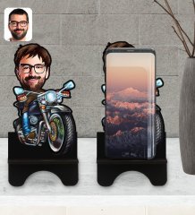 Kişiye Özel Erkek Motorcu Karikatürlü Ahşap Biblo Telefon Standı-2