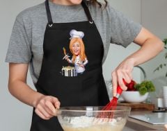 BK Gift Kişiye Özel Kadın Chef Karikatürlü Profesyonel Siyah Mutfak Önlüğü, Aşçı Önlüğü, Şef Önlüğü, Arkadaşa Hediye-11