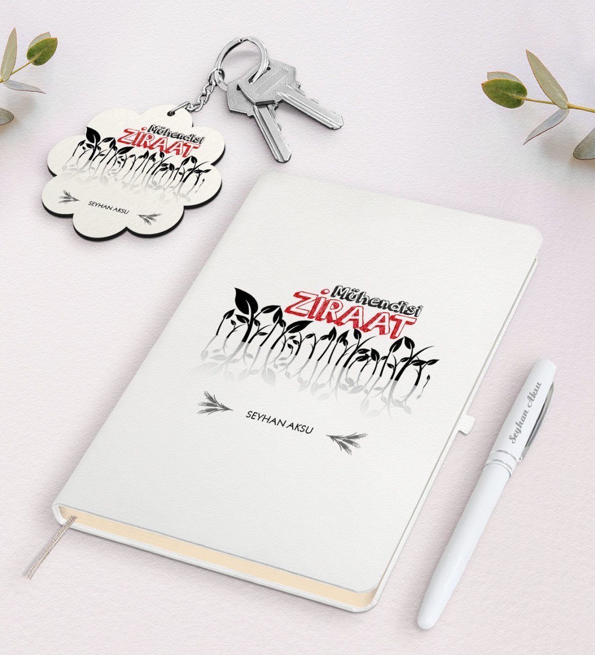 Kişiye Özel Ziraat Mühendisi Beyaz Defter Kalem ve Anahtarlık Hediye Seti
