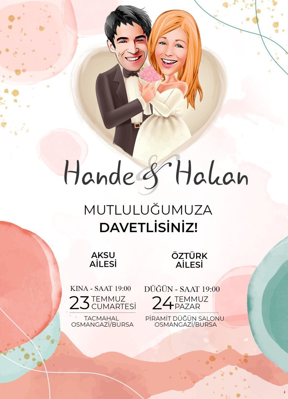 Kişiye Özel Karikatürlü Bitmeyen Düğün Davetiyesi Model 74
