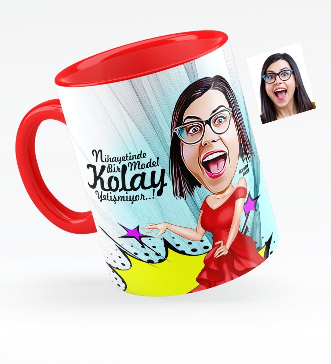 Kişiye Özel Bayan Model Karikatürlü Kırmızı Kupa Bardak - 1