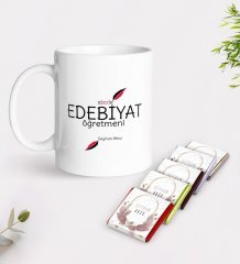 Kişiye Özel Edebiyat Öğretmeni Beyaz Kupa ve Çikolata Hediye Seti-5