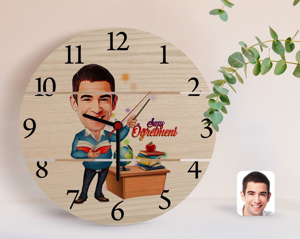 Kişiye Özel Erkek Sınıf Öğretmeni Karikatürlü Otantik Ahşap Palet Saat-1