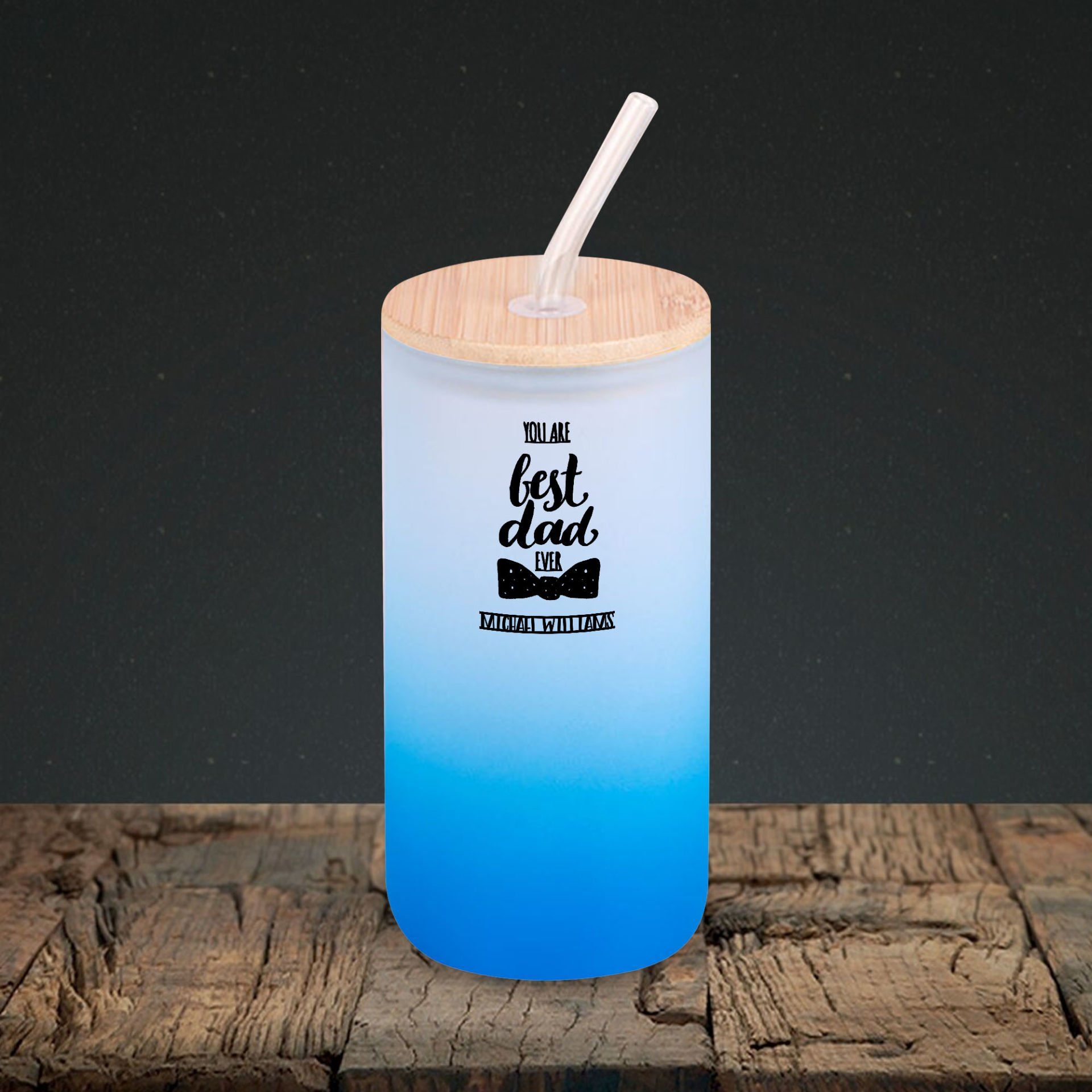 BK Gift İsimli Dad Tasarımlı Mavi Renk Pipetli Buzlu Cam Bardak 600ml - 4, Babaya Hediye, Doğum Günü Hediyesi