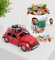 Kişiye Özel Erkek Öğretmen Plakalı Nostaljik Kırmızı Metal Vosvos ve Kupa Haribo Şeker Seti-1