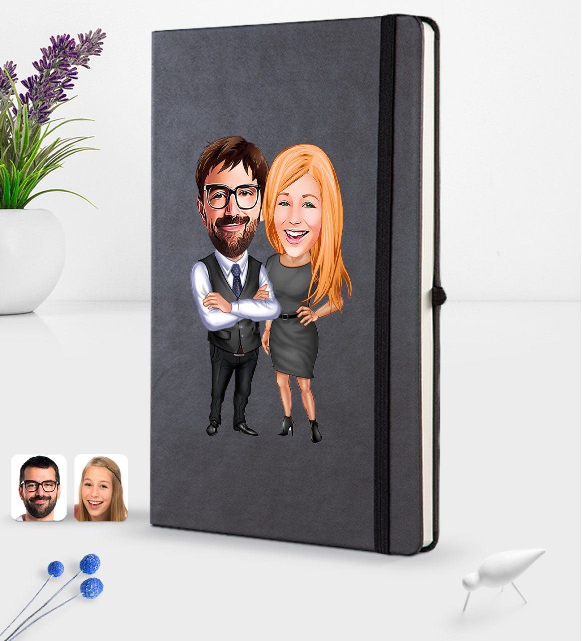 Kişiye Özel Sevgililer Karikatürlü Siyah Termo Deri Defter 16x24cm Model 100