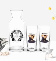 Kişiye Özel Renkli Baskılı İncinmişşin Tasarımlı İkili Rakı Bardağı ve Karaf Hediye Seti-1