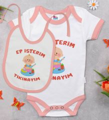 BK Kids Ep İsterim Tasarımlı Pembe Bebek Body Zıbın ve Mama Önlüğü Hediye Seti-5
