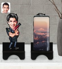 Kişiye Özel Erkek Kuaför Karikatürlü Ahşap Biblo Telefon Standı-1