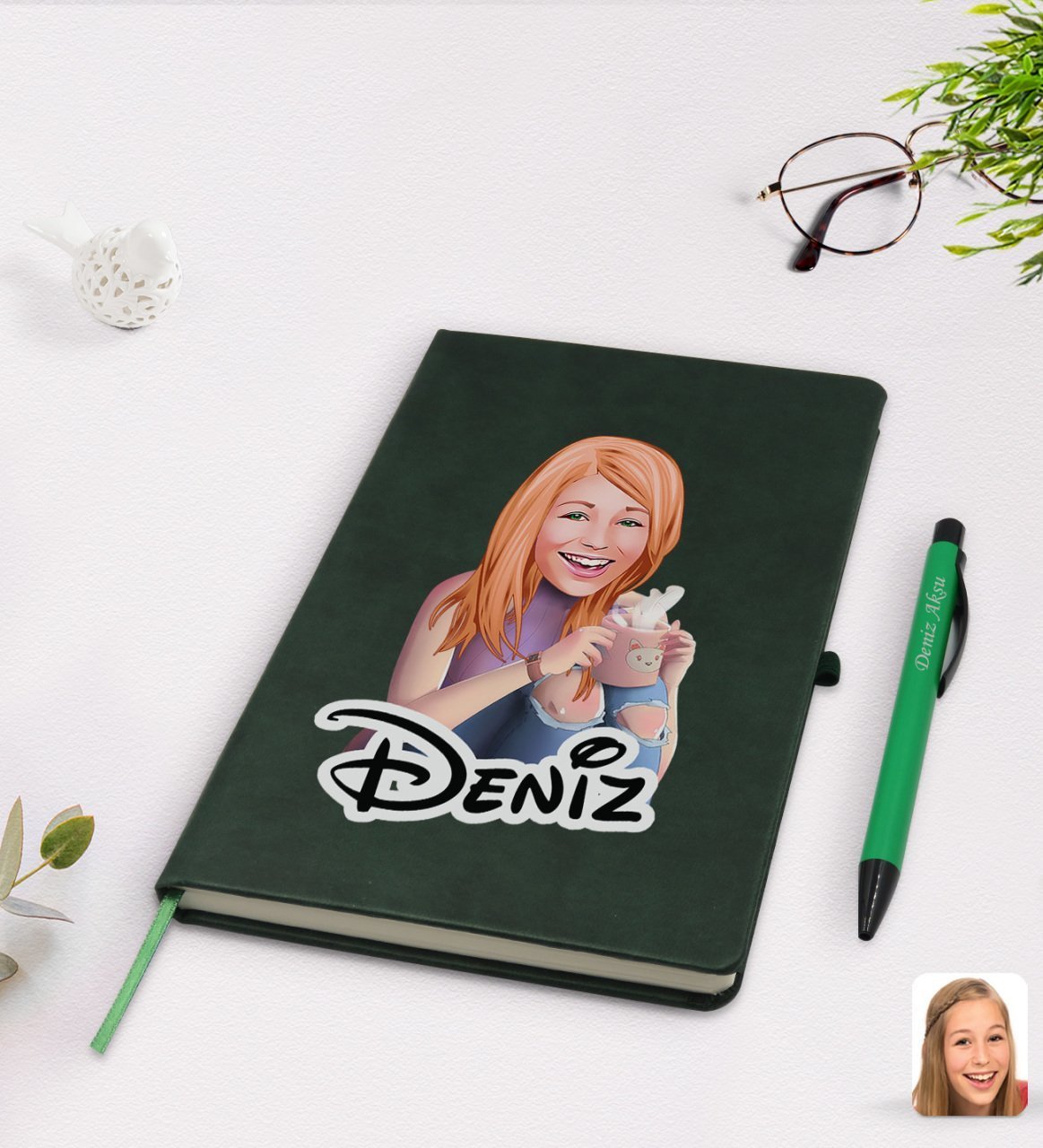 Kişiye Özel Kadın Karikatürlü Yeşil Termo Deri Defter Kalem Seti Model 103