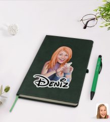 Kişiye Özel Kadın Karikatürlü Yeşil Termo Deri Defter Kalem Seti Model 103