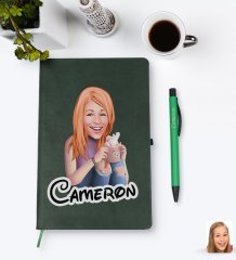 Kişiye Özel Kadın Karikatürlü Yeşil Termo Deri Defter Kalem Seti Model 103
