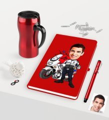 Kişiye Özel Bay Yunus Polis Karikatürlü Kırmızı Defter Kalem Termos Mug Seti