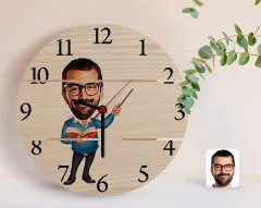 Kişiye Özel Erkek Öğretmen Karikatürlü Otantik Ahşap Palet Saat-2