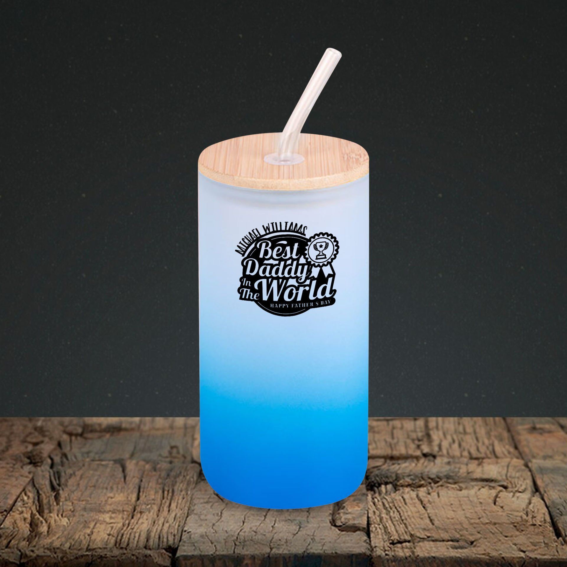 BK Gift İsimli Dad Tasarımlı Mavi Renk Pipetli Buzlu Cam Bardak 600ml - 3, Babaya Hediye, Doğum Günü Hediyesi