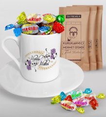 Kişiye Özel Sevgililer Günü Türk Kahvesi Fincanı Mehmet Efendi Kahve ve Haribo Şeker Hediye Seti-124