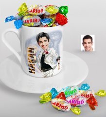 Kişiye Özel Bay Karikatürlü Türk Kahvesi Fincanı ve Haribo Şeker Hediye Seti-34