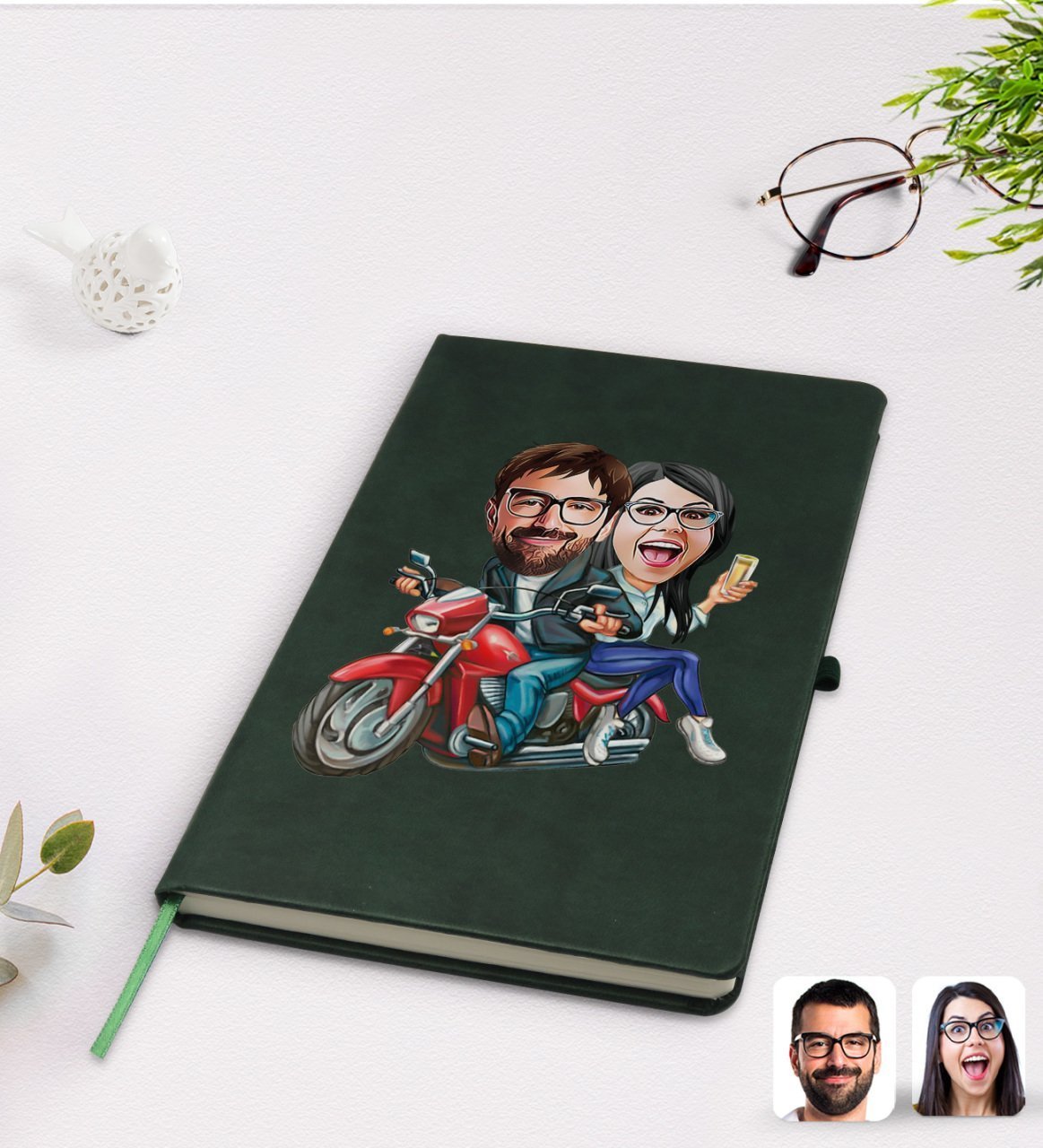 Kişiye Özel Sevgililer Karikatürlü Yeşil Termo Deri Defter Model 97