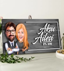 BK Gift Kişiye Özel Aile Karikatürlü Gri Dekoratif Ahşap Tabela