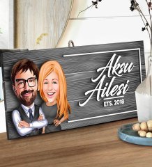 BK Gift Kişiye Özel Aile Karikatürlü Gri Dekoratif Ahşap Tabela