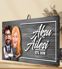 BK Gift Kişiye Özel Aile Karikatürlü Gri Dekoratif Ahşap Tabela