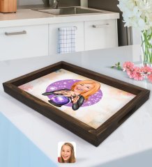 Kişiye Özel Kadın Astrolog Karikatürlü Doğal Ahşap Tepsi-1