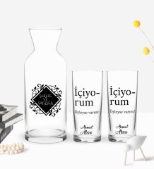Kişiye Özel Renkli Baskılı İçiyorum Öyleyse Varım Tasarımlı İkili Rakı Bardağı ve Karaf Hediye Seti-1