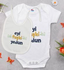 BK Kids Eyi Fuşki Yedun Tasarımlı Beyaz Bebek Body Zıbın ve Mama Önlüğü Hediye Seti-1