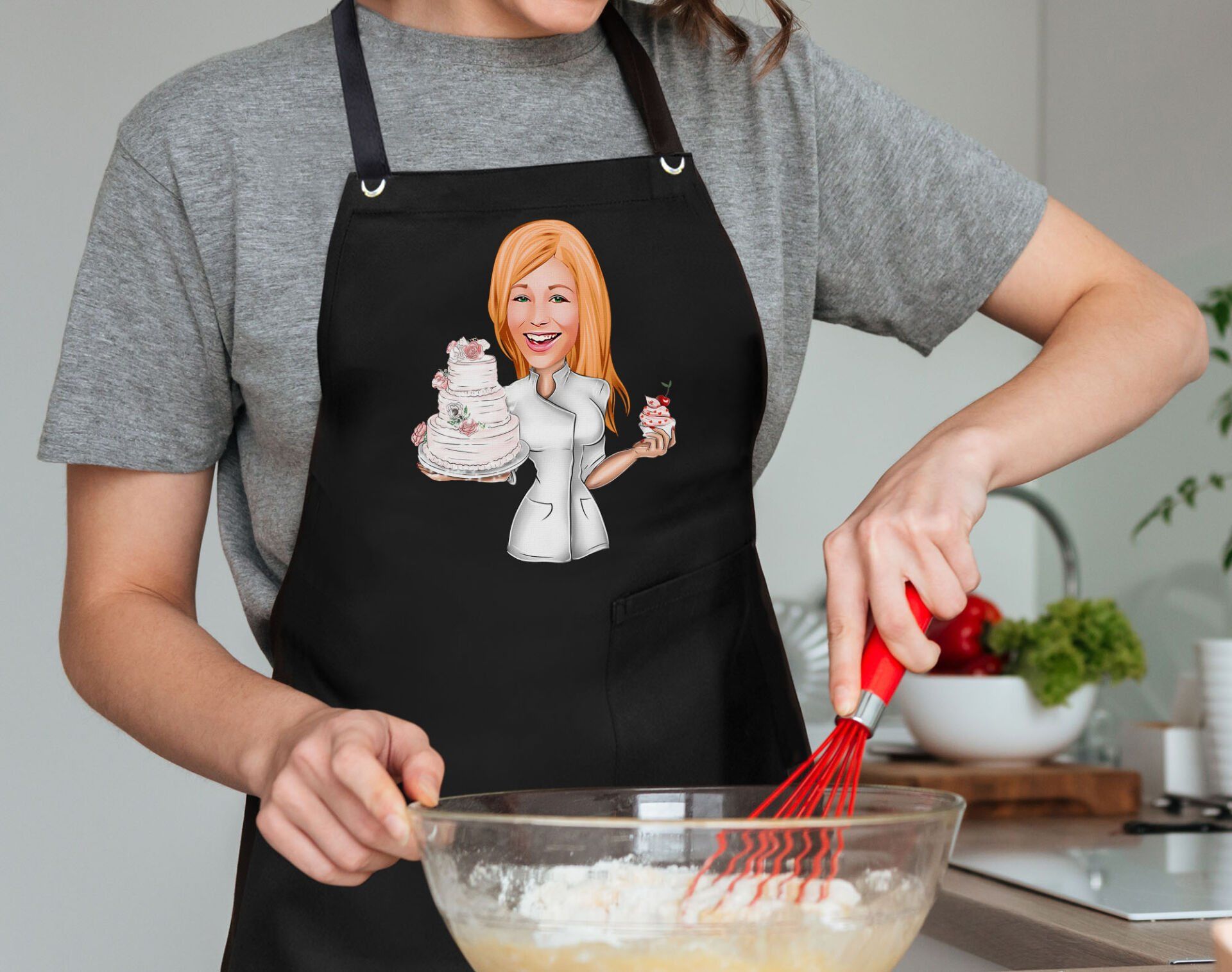 BK Gift Kişiye Özel Kadın Chef Karikatürlü Profesyonel Siyah Mutfak Önlüğü, Aşçı Önlüğü, Şef Önlüğü, Arkadaşa Hediye-9