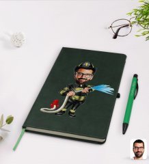 Kişiye Özel Erkek İtfaiyeci Karikatürlü Yeşil Termo Deri Defter Kalem Seti Model 1