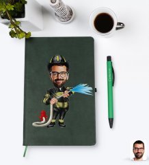 Kişiye Özel Erkek İtfaiyeci Karikatürlü Yeşil Termo Deri Defter Kalem Seti Model 1