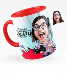 Kişiye Özel Bayan Fotoğraf Sanatçısı Karikatürlü Kırmızı Kupa Bardak - 1