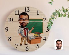 Kişiye Özel Erkek Öğretmen Karikatürlü Otantik Ahşap Palet Saat-1