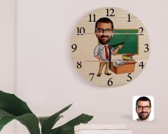 Kişiye Özel Erkek Öğretmen Karikatürlü Otantik Ahşap Palet Saat-1