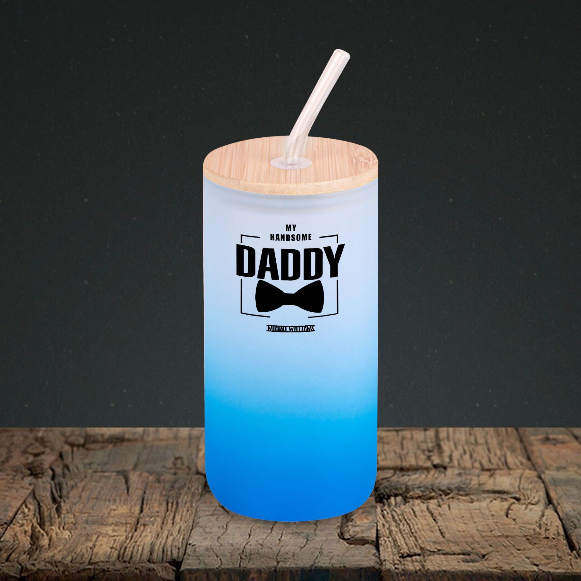 BK Gift İsimli Dad Tasarımlı Mavi Renk Pipetli Buzlu Cam Bardak 600ml - 2, Babaya Hediye, Doğum Günü Hediyesi