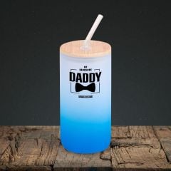 BK Gift İsimli Dad Tasarımlı Mavi Renk Pipetli Buzlu Cam Bardak 600ml - 2, Babaya Hediye, Doğum Günü Hediyesi