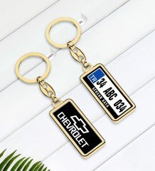 Kişiye Özel Plakalı Chevrolet Logolu Çift Taraflı Gold Krom Anahtarlık-1