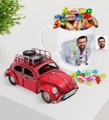 Kişiye Özel Erkek Kimya Öğretmeni Plakalı Nostaljik Kırmızı Metal Vosvos ve Kupa Haribo Şeker Seti-2
