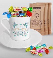 Kişiye Özel Sevgililer Günü Türk Kahvesi Fincanı Mehmet Efendi Kahve ve Haribo Şeker Hediye Seti-123